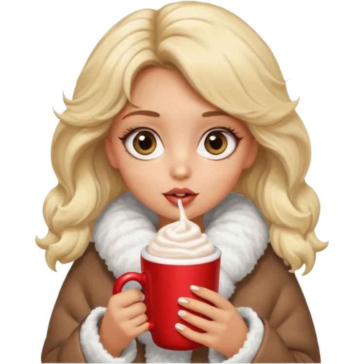 Tanned Girl with lashes , blonde hair, in an extremely big fluffy oversized coat and hold hot chocolate drink and big eyes, big lip emoji