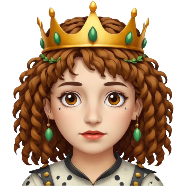 portrait woman short curly brown mullet hair brown eyes white skin with paint smeared cheeks and beetle crown emoji