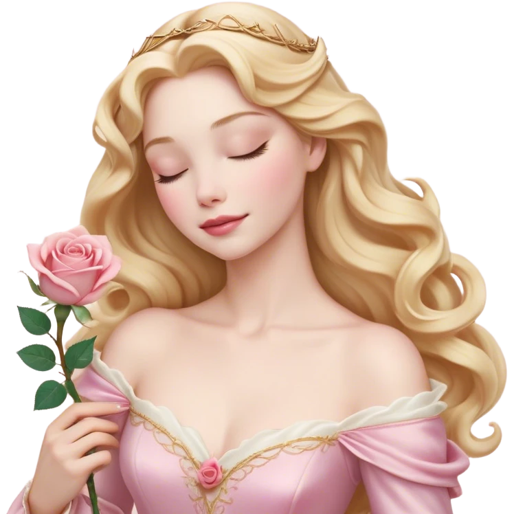 Cinematic Realistic Sleeping Beauty (Aurora) Portrait, with porcelain-like skin featuring a natural rosy flush, illuminated by soft lighting that highlights the gentle contours of her face. Her golden blonde hair flows in soft, detailed waves with subtle highlights that shimmer in the light. Her deep violet-blue eyes radiate warmth and innocence, framed by arched brows and long lashes. With a soft, serene smile, she holds a delicate rose gently in one hand, her other hand resting lightly by her side. She is dressed in her classic pink gown, the fabric rich in texture with delicate folds that catch the light. A golden crown rests atop her head, gleaming with royal refinement. The portrait captures a soft, glowing aura, blending realism with an ethereal sense of beauty and timeless enchantment. emoji