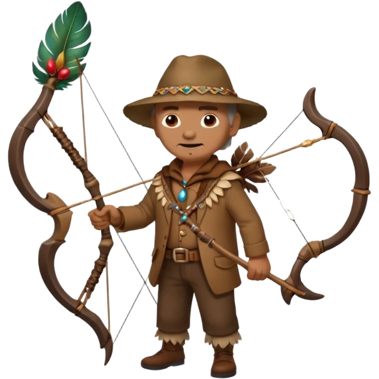 The classic image of a middle-aged uncle hunter carrying a bow, dressed in brown clothes, with some ornaments made of feathers, bones or teeth on his body. emoji