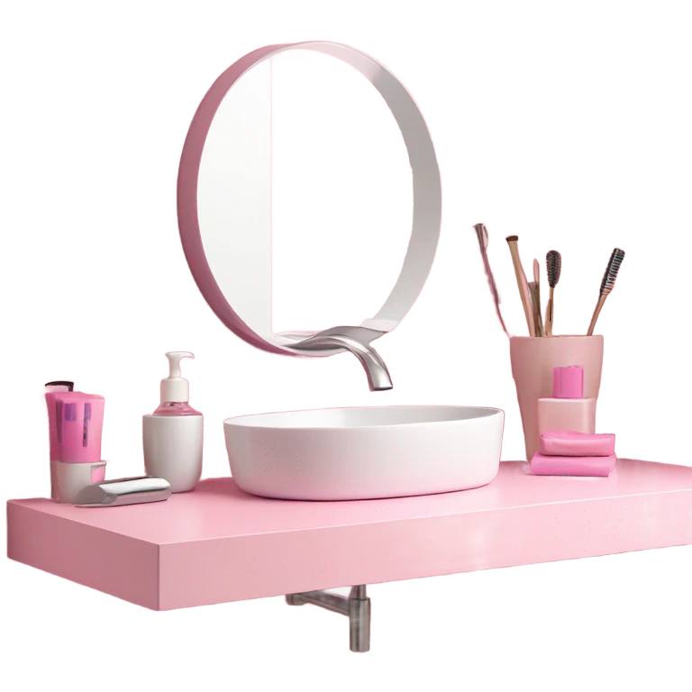 Pink bathroom counter with mirror and accessories  emoji