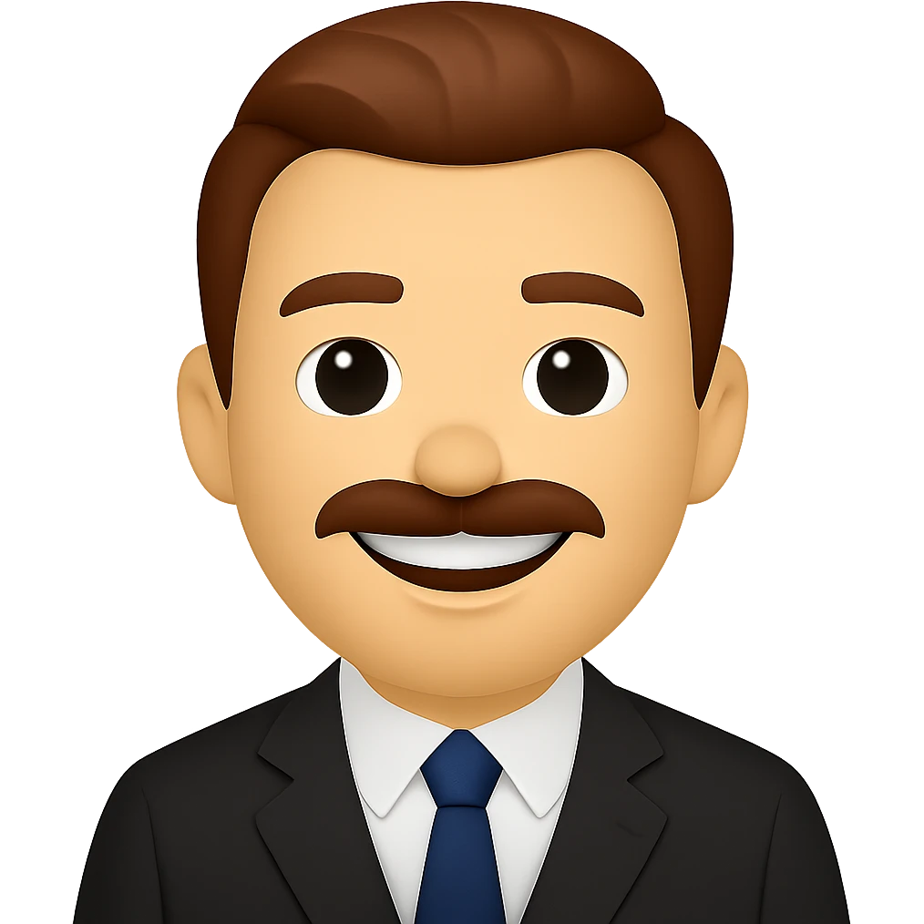 Make the Caucasian gentleman smile and add a mustache. Keep the slicked back brown hair, black suit, and navy tie. Maintain the same emoji style. Transparent background. emoji