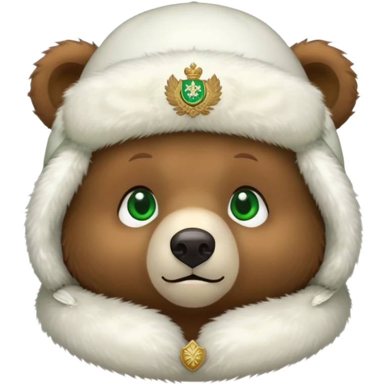 Adorable tiny brown bear face with sweet expression and green eyes, wearing only a white fur ushanka hat with clear Russian coat of arms, no body or clothing visible, iOS emoji style emoji