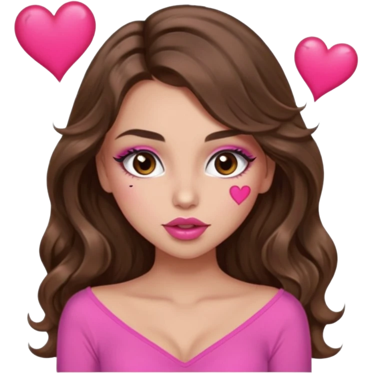 girl with long wavy brown hair, brown eyes, long lashes makeup, sexy pink lips, light to medium complexion, wearing a pink sexy top, sexy , puckering, blushing, kissing a heart sexy emoji
