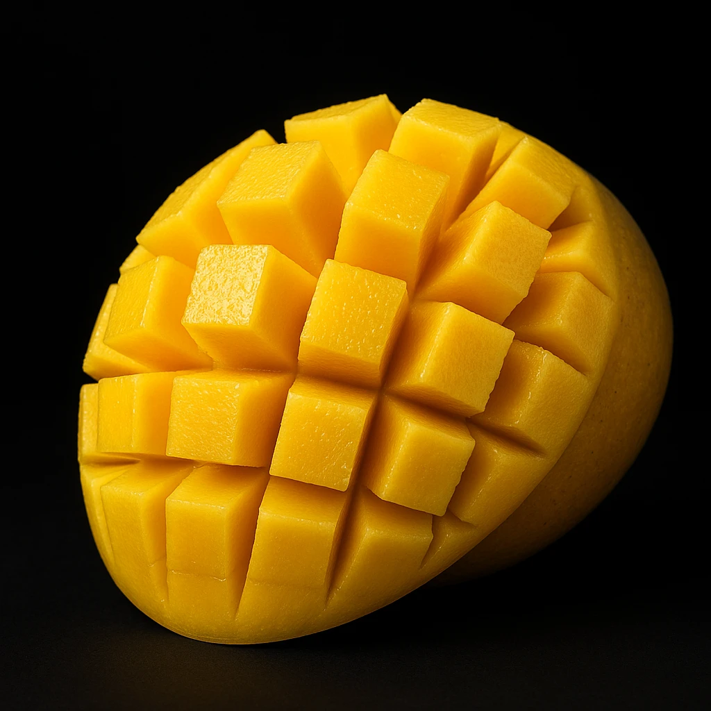 A ripe yellow mango, sliced in a hedgehog pattern, realistic lighting, black background, high detail, studio photo style, photo-realistic emoji