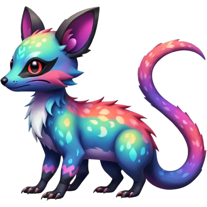 Rare neon iridescent white exotic cute epic aesthetic gothic colorful Salandit-Eevee-Civet-species-Fakemon-hybrid-creature, with intricate tattoo markings, full body emoji