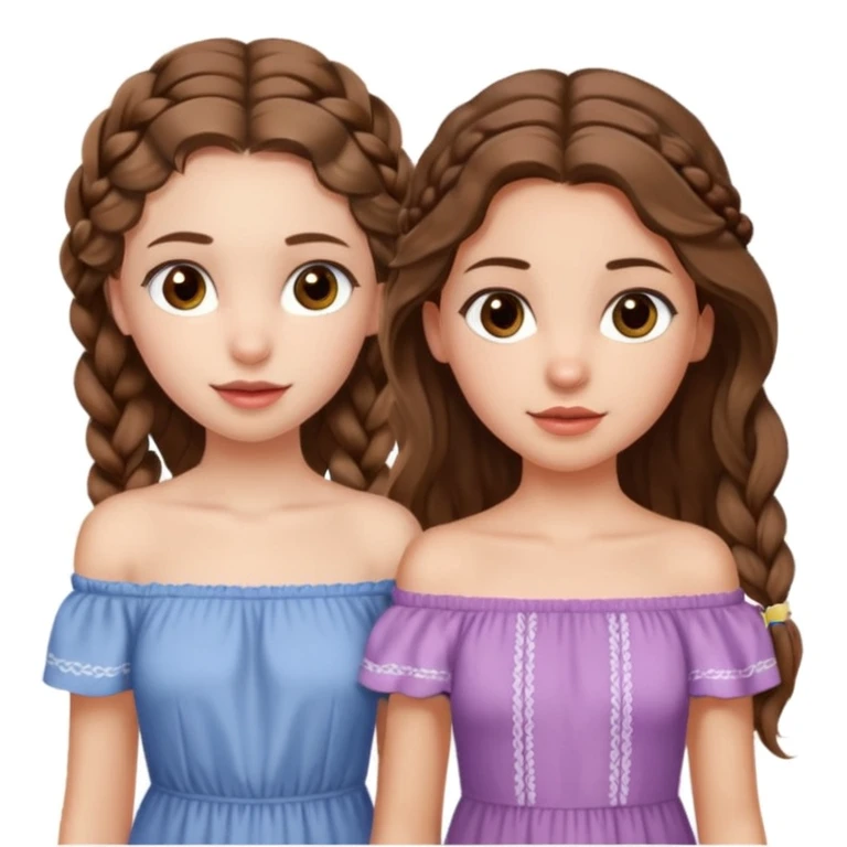 Two girls. The first one is very tall, has mid length brown very wavy hair, full lips, hazel eyes, wearing a cute off shoulder summer dress, she is also thin. The other one, quite shorter, long brown straight hair in one braid, hazel eyes. She is athletic a little bit.  emoji