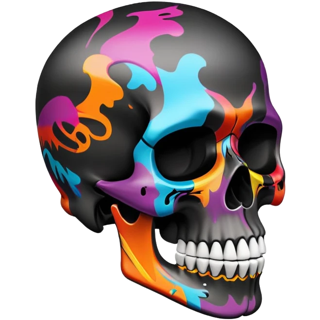 smooth black skull with vibrant graffiti paint contained within the skull shape, brand logos inside skull outline only, side view emoji