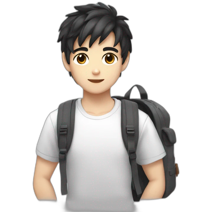 Boy white skin black hair brown eyes gray t-shirt with backpack anime style emoji