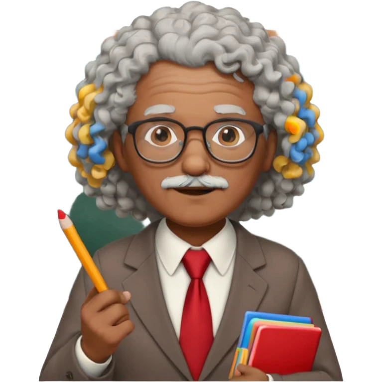 old man teacher, brown skin, curly grey white hai, wearing glasses, brown suit, red tie hold chalk on hand emoji
