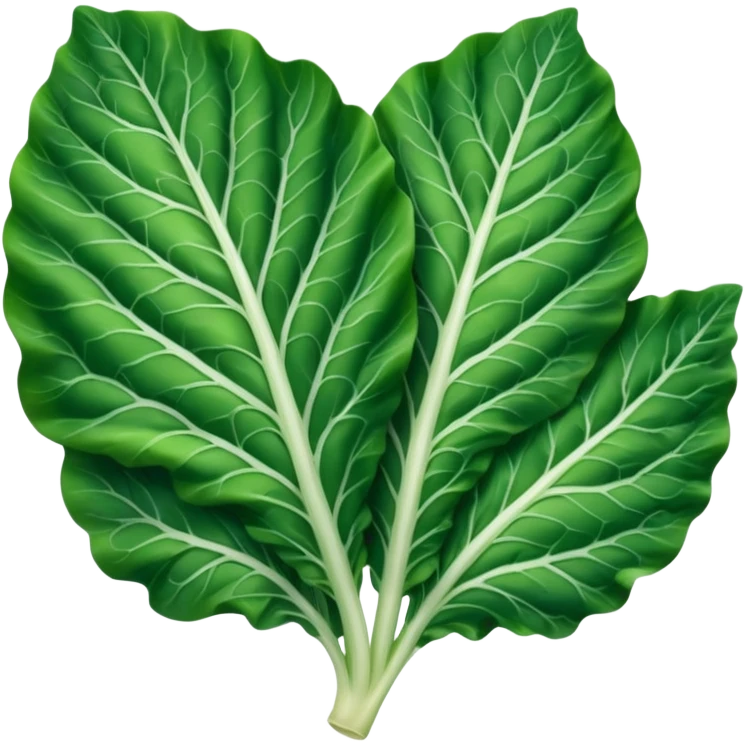 single chard leaf with broad vibrant green blades and thick white rib running down the center, slightly crinkled matte texture, natural curves, visible veins, no bunch soil or extras, soft lighting, subtle shadows, emoji scale emoji