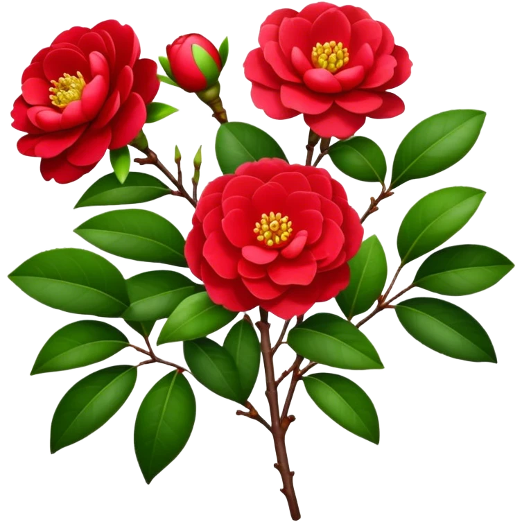 bouquet Red Camellia, luxuriant, stem, leaf, bud emoji