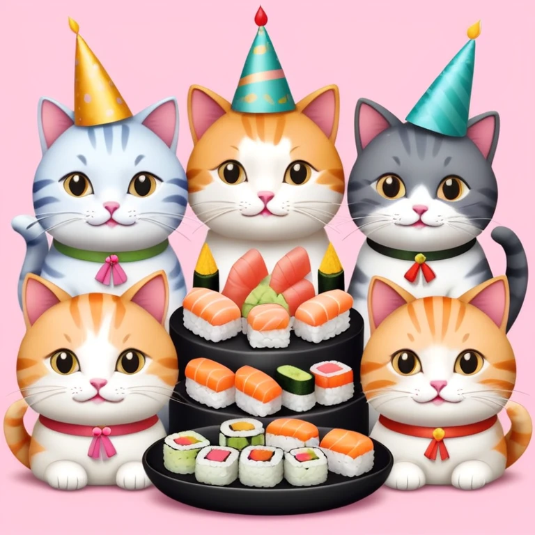 Nine cats eating sushi at a birthday party emoji