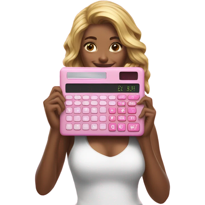 Hyper realistic model holding a pink calculator emoji