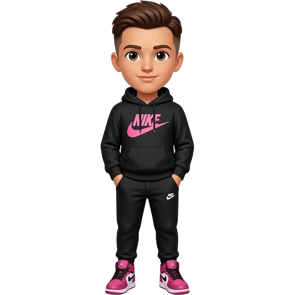 make a tan 12 year old man with a brown low taper fade and his skin color is tan, wearing black nike sweatshirt and black nike pants with pink jordan 4 emoji