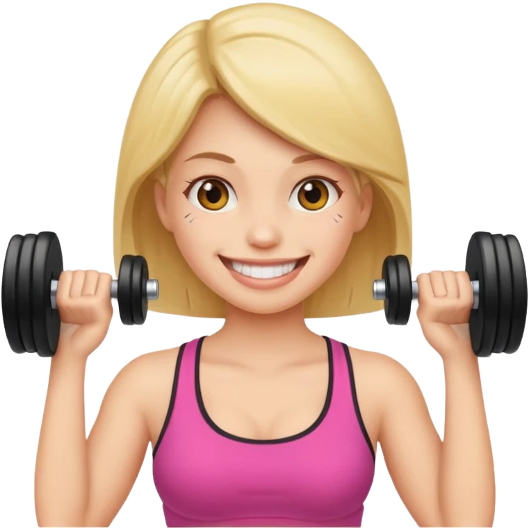 woman holding dumbbell in one hand and face roller in another, smiling, emoji style emoji