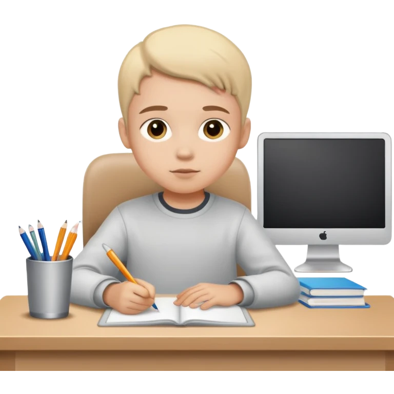 child sitting at a desk, focused and studious emoji