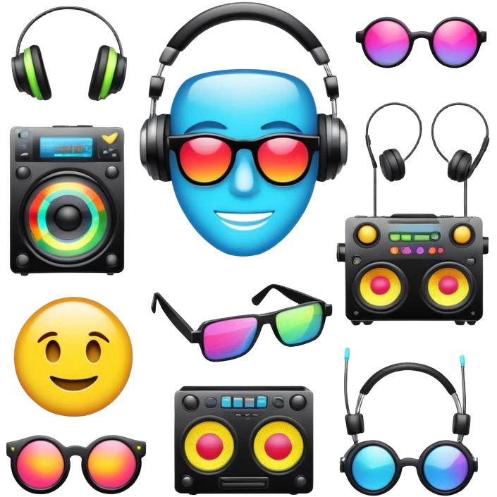 Create a unique emoji pack inspired by electronic music culture. Include emojis representing various subgenres like techno, house, drum and bass, trance, rave fashion emoji