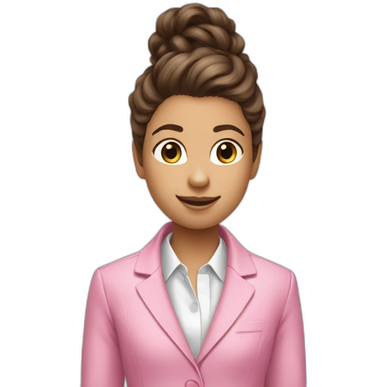 long brown curly pony tail girl wearing pink suit number one finger emoji