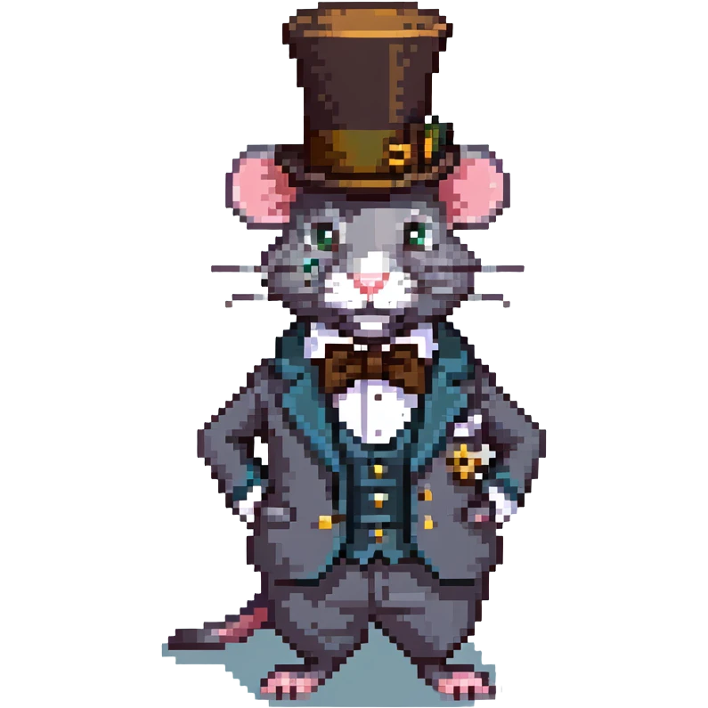 fancy rat with a smug smirk, wearing a top hat, monocle, and suit, pixel art style emoji