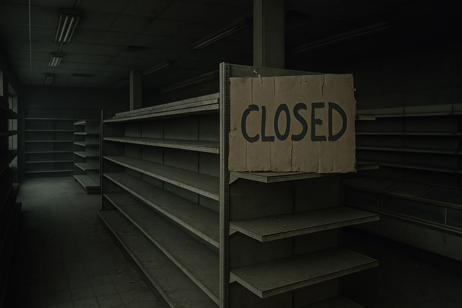 an abandoned supermarket, dusty and grey, with a large cardboard sign that says 'closed', somber mood emoji