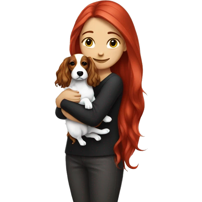 Long-red-haired-girl-hugging-her-black-and-whitel-Bichoon-dogs emoji