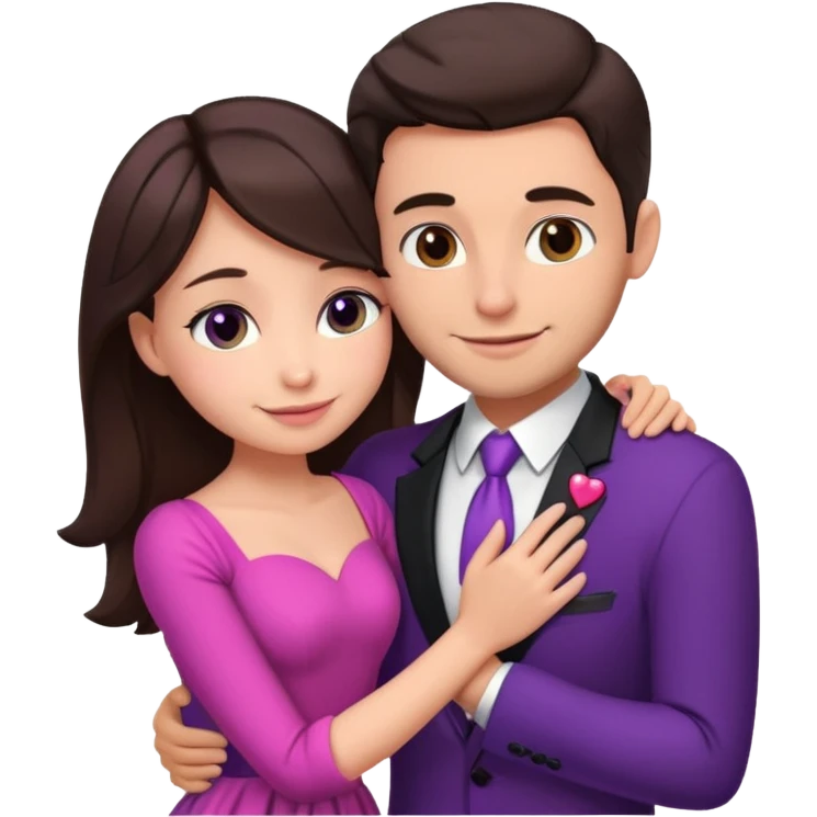 Brunette girl, with an engagement ring on her finger hugging a handsome man, (her boyfriend) both of them happy, she’s wearing a pink dress, he is wearing a black suit, he’s also a rich businessman, and there is the 💜 purple heart emoji on top. They look in love with each other.  emoji