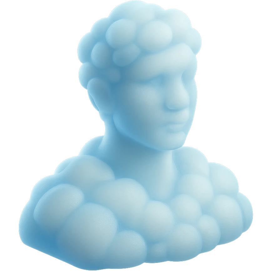 person looking straight, made entirely of white fluffy convex clouds, shoulder up, matte glass style, clouds with light blue glow emoji