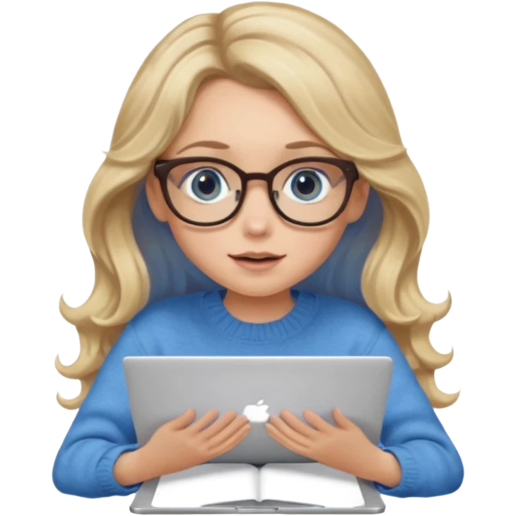 blonde girl with long dark blonde wavy hair, blue big eyes, pantos-style glasses, a brown sweater, sitting and looking in laptop, soft pastel, upper body shot emoji