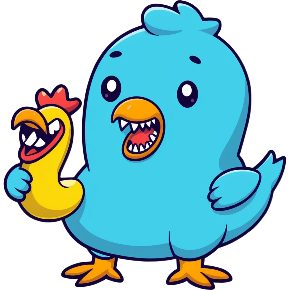 bulging eyes, unhinged grin, too many teeth, one eyeball twitching, tongue out sideways, sweating, glitching, peace sign, holding cursed rubber chicken emoji