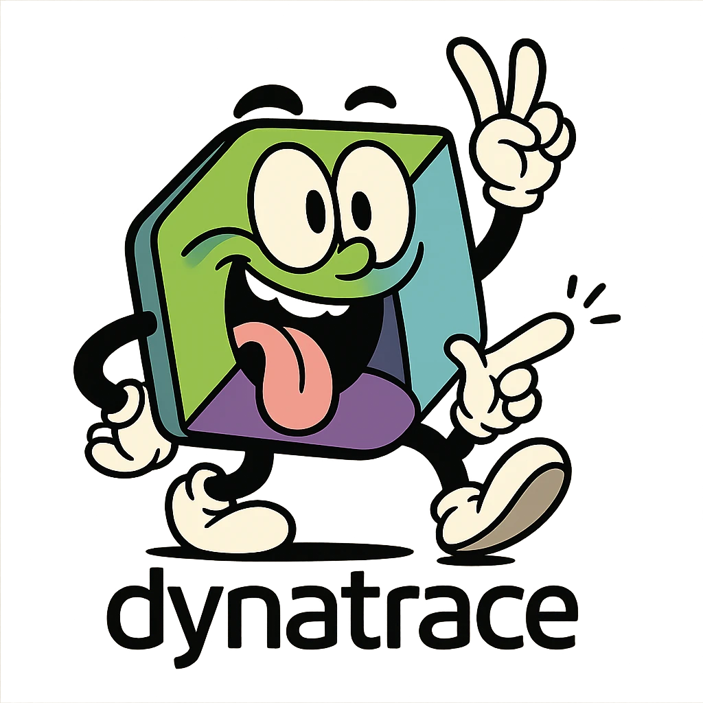 Dynatrace logo reimagined as a hilarious cartoon character with exaggerated features and a playful expression, doing something silly emoji