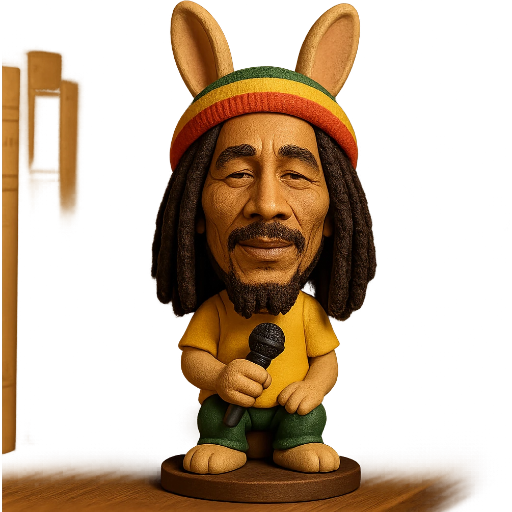 a bobblehead style bunny with Bob Marley's facial features, reggae hat, calm expression, holding a microphone emoji
