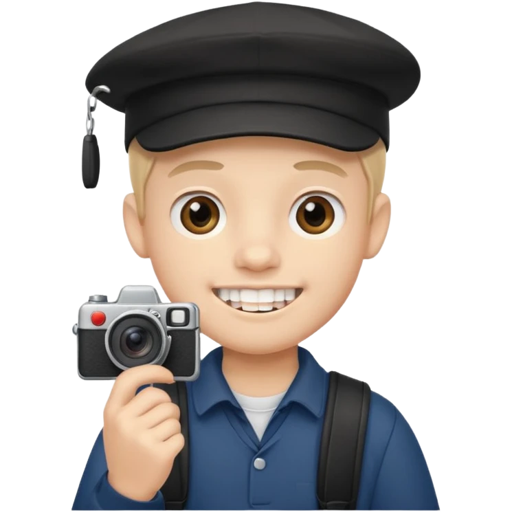 cartoon schoolboy with black cap prominent front teeth holding a camera in his hand emoji
