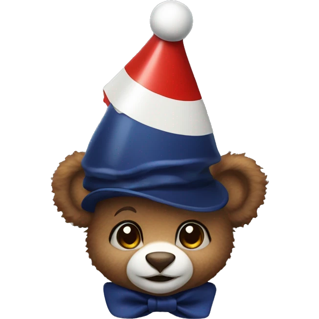 Brown baby bear. Wearing jester collar and a clown hat. The clown accessories are Navy and red and white. emoji