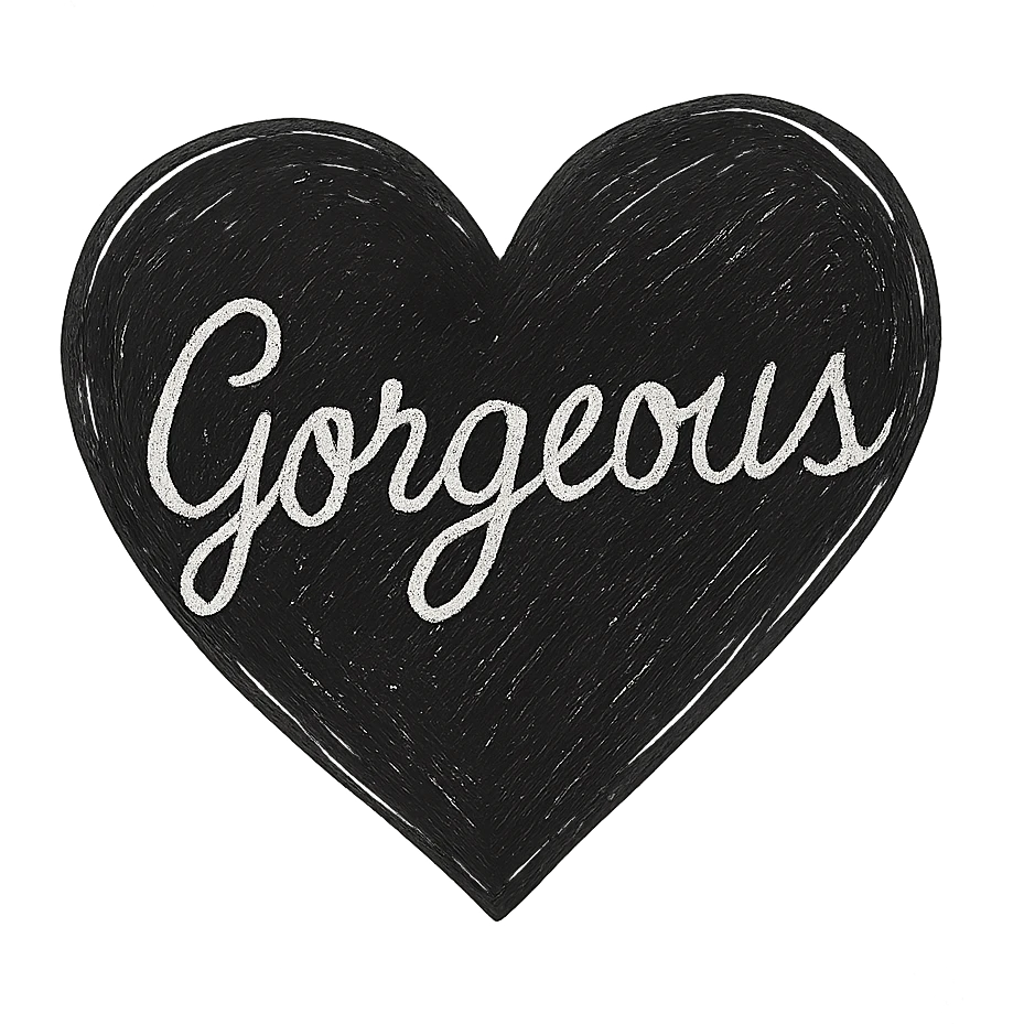 the word 'Gorgeous' in elegant white cursive on a black heart, hand-drawn style, high contrast emoji