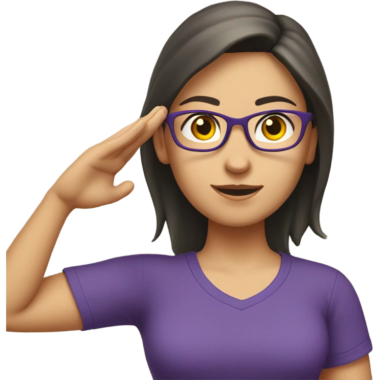 a caucasian brunette female, wearing a purple t-shirt and glasses, making the military salute gesture with one hand on her forehead and the other hand on her waist emoji