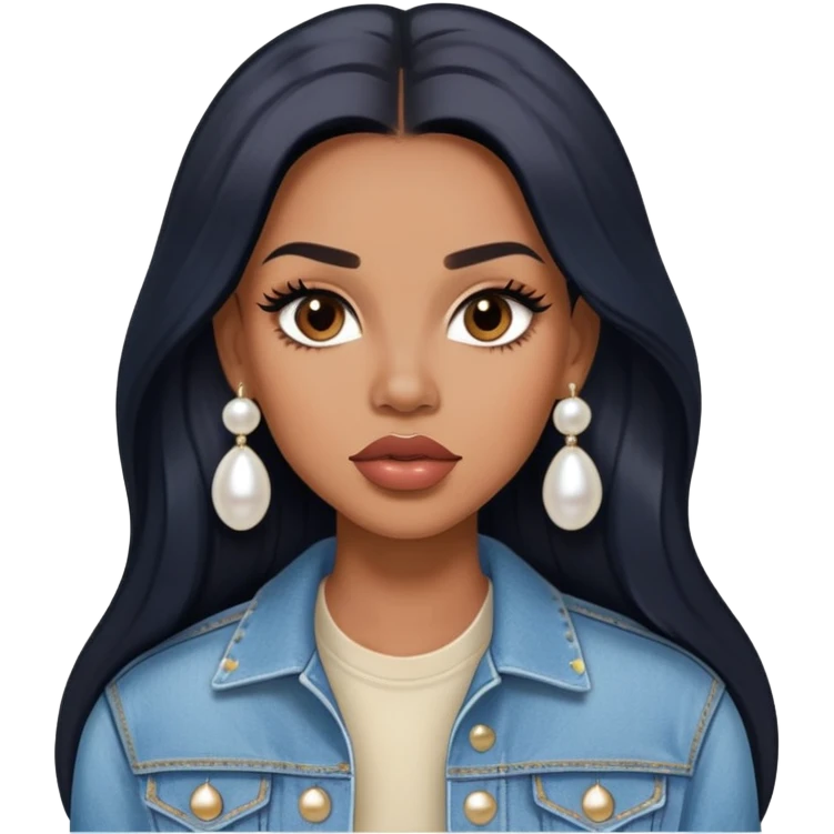 light brown skin tone, very beautiful woman, with big plump lips, long long lashes, black straight long hair, brown eyes, light blue denim jacket, pearl stud earrings emoji
