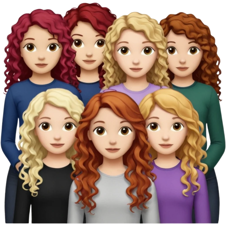 5 girls. The 1st girl has curly read hair. The 2nd girl has dyed blonde hair with brunette roots and she had mid-length hair that is wavy. The 3rd girl has long wavy brunette hair. The 4th girl has mid-length straight brunette hair. The 5th girl has black hair that is mid-length and wavy. emoji