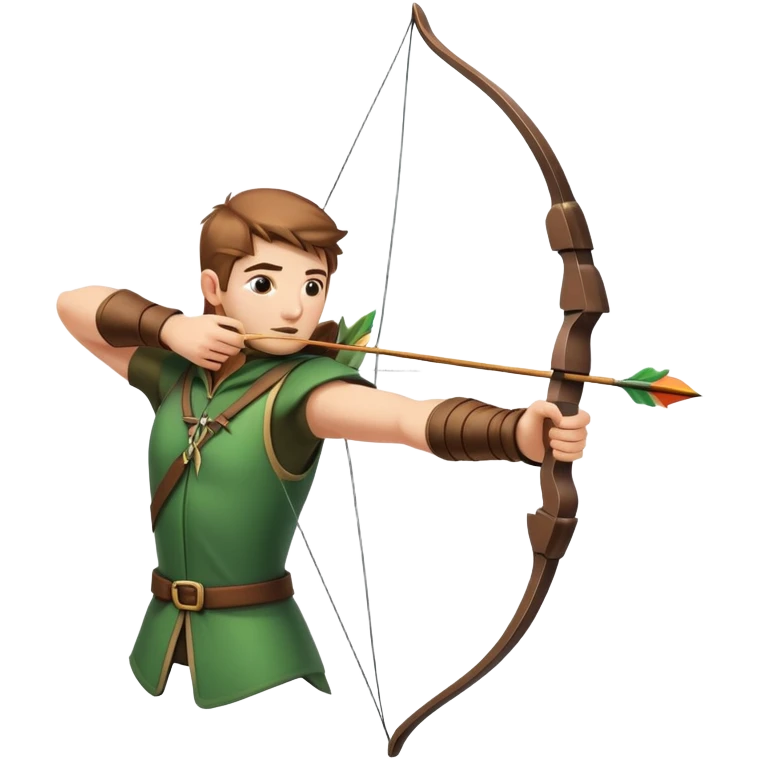 A skilled archer, resembling Robin Hood, drawing a bow and releasing an arrow towards a target. The scene captures the perfect moment of release, with the bowstring taut and the arrow flying toward the bullseye, set in a forest or archery range background. emoji