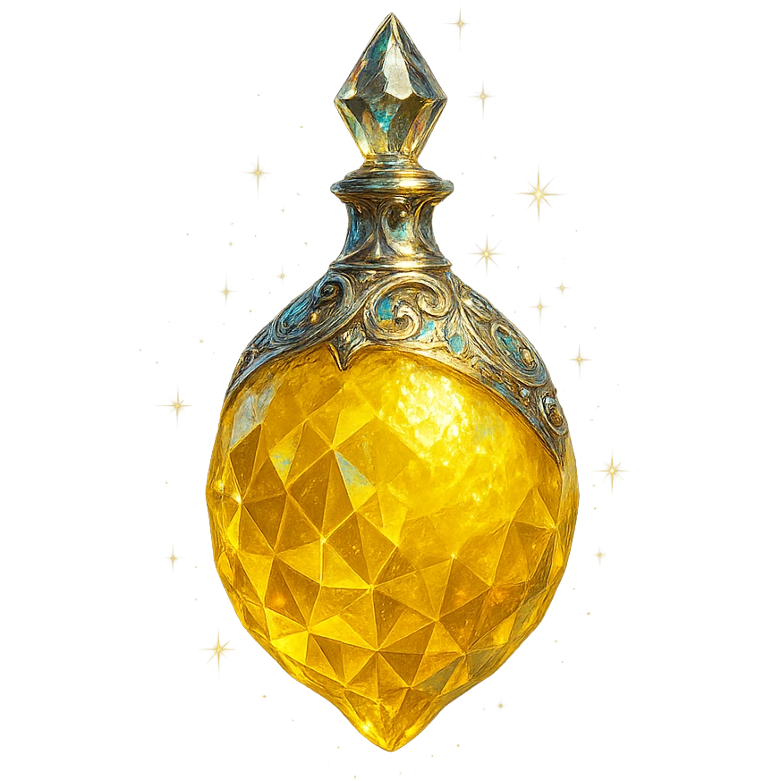 luxurious crystal elixir bottle in lemon shape, vibrant yellow color, ornate silver and iridescent details, magical glowing and sparkling effects, very small neck, seamless bottom, bottle clearly floating in air, no base or shadow, modern, collection style, transparent background emoji