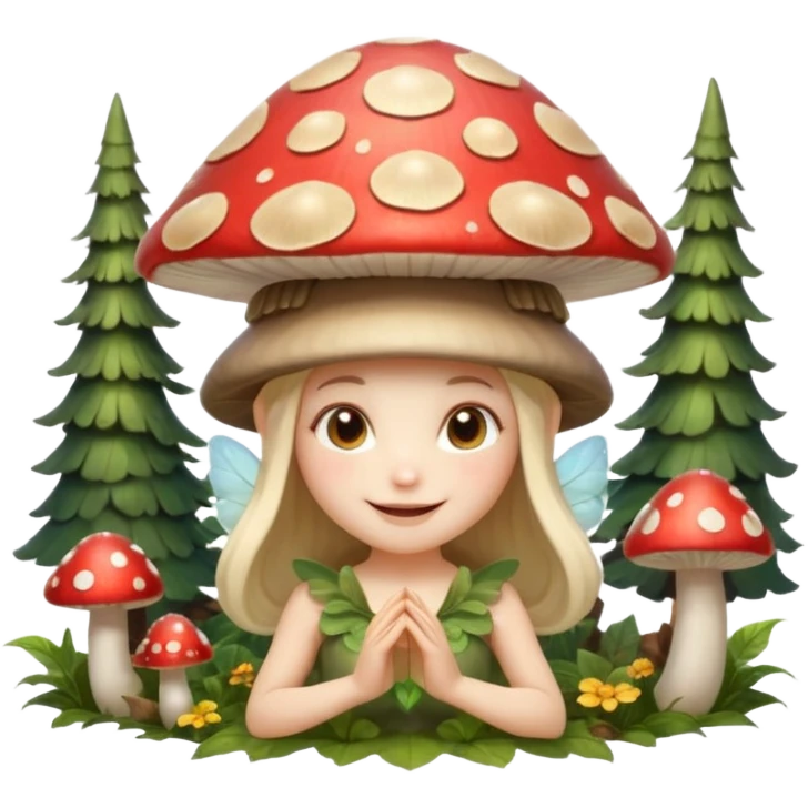 mushroom fairy portrait, head and shoulders only, wearing a large mushroom cap hat, tiny glowing wings visible behind shoulders, cute magical smile, forest fantasy vibe, 3D cartoon, mobile game icon style, clean background, no text, no watermark

 emoji