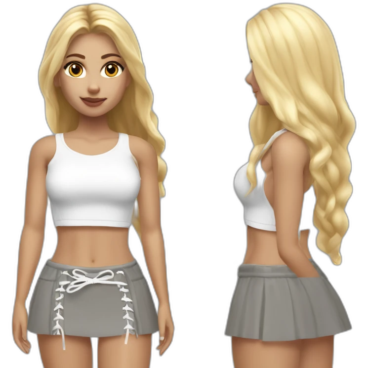 nordic long straight blonde hair woman realistic white lace up crop top and grey mini skirt body emoji