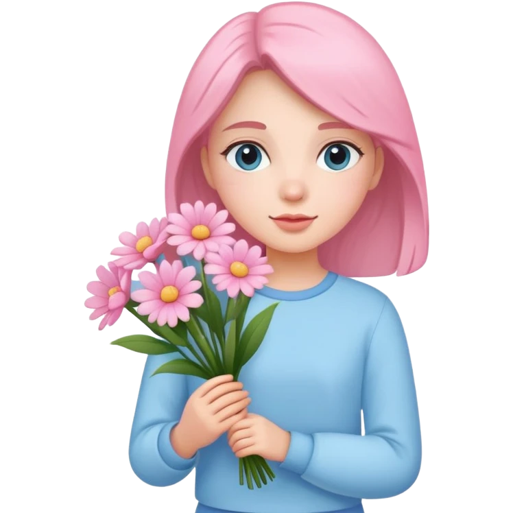 girl wearing pastel blue clothes holding a bouquet of pink flowers emoji