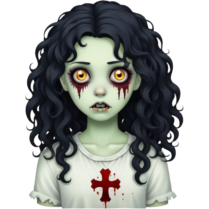 girl zombie with black long curly hair, emo style emoji