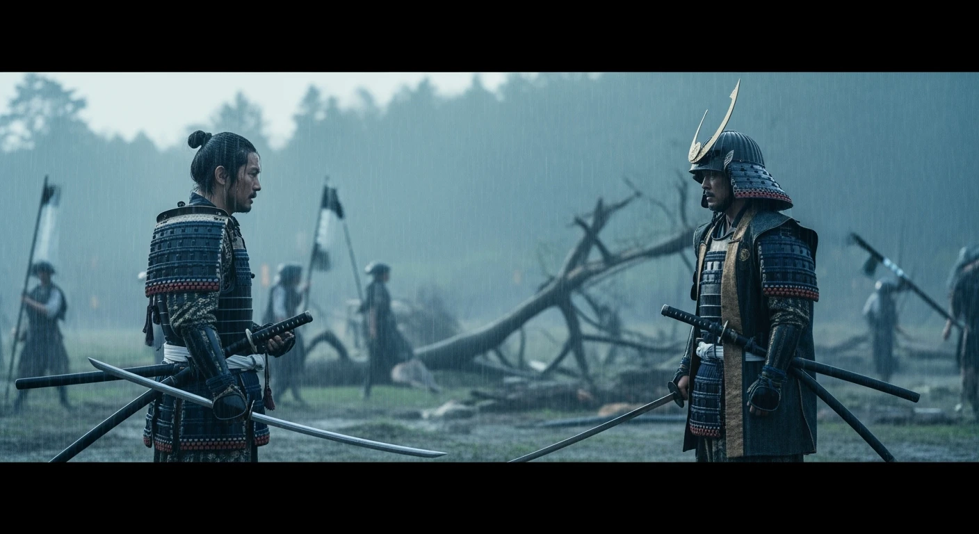 A cinematic scane from 1185, Wide shot of a two japan samurai face to face ready to fight during rain, deph composition, tense atmosphere, captured by by arri alexa, film directed by wes anderson emoji