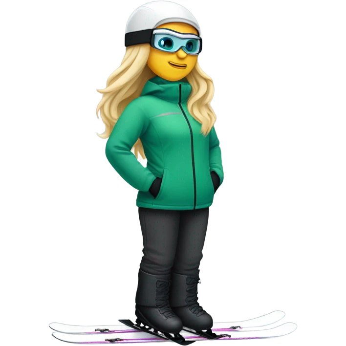 Green-eyed, fat female skier with long straight blonde hair, glasses, white ski helmet, grey snow jacket, long black pants, black only snow boots standing tall. emoji