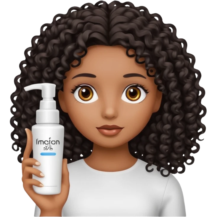 Uma boneca morena com olhos castanhos e cabelo cacheado longo preto, com creme de pentear na mão da Salon line emoji