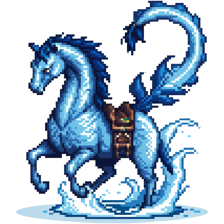 Black ninja water horse with dark blue magical water swirling around it, sharp spikes on its body, battle stance emoji