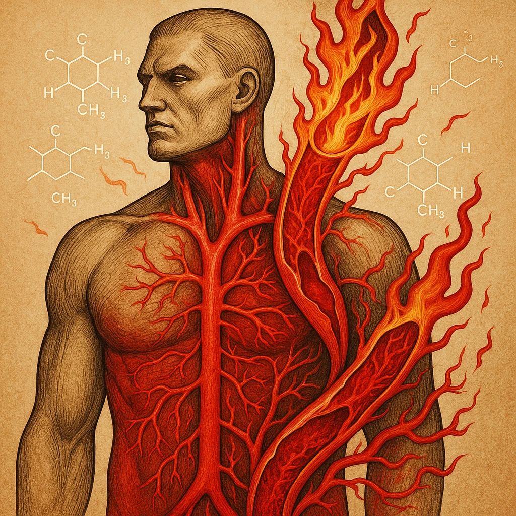 anatomical illustration of a human body section with arteries inflamed by oxidized omega-6 fatty acids flowing like fire; hexane molecules as chemical ghosts; strong exterior, red and inflamed interior; bright red tones, surreal medical style emoji