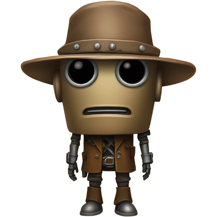 human-sized wild west star wars Bounty hunter cowboy droid wearing a small hat relaxed pose bearded rusty emoji